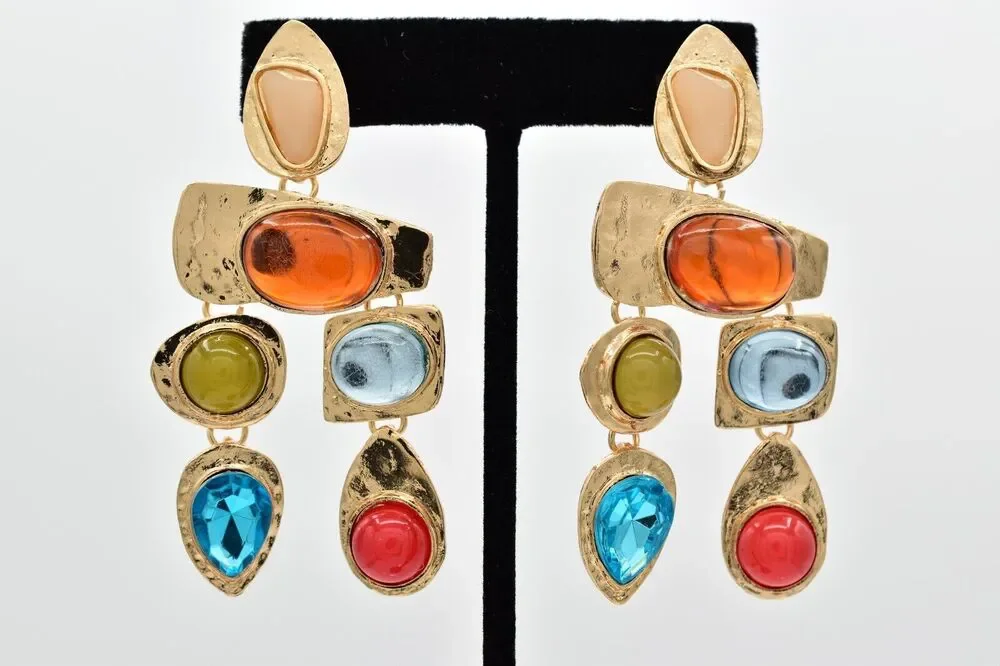 Statement Multi-Stone Drop Earrings Cabochon Crystal Jelly Gold Tone Chunky 9L